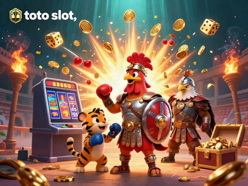 Slot jackpot memikat dengan karakter ayam jantan, anak harimau, dan standar elang di arena koloseum.