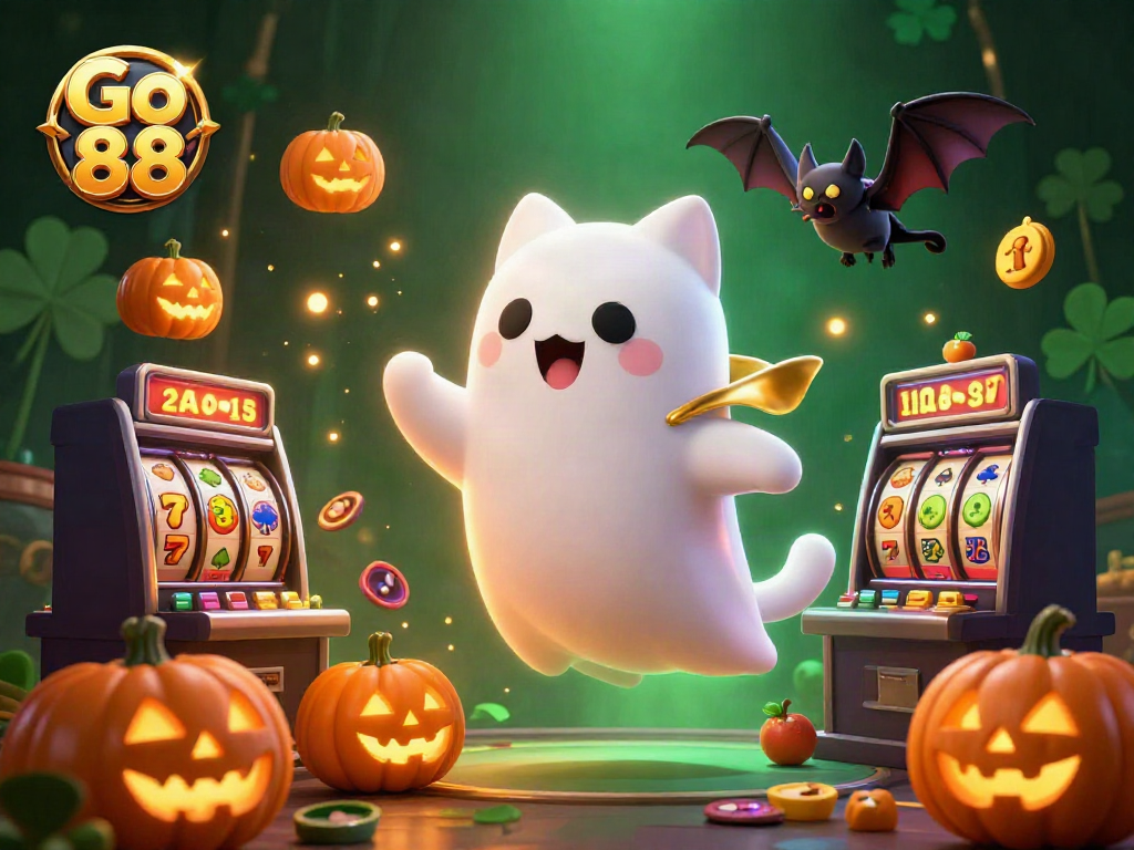 Experience the haunted allure of Go 88's casino adventure with floating characters and glowing slot symbols.