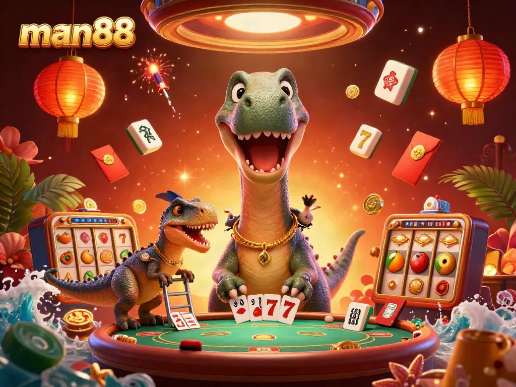 Engage with man88's thrilling casino games with a giant brontosaurus overseeing a lively poker table.