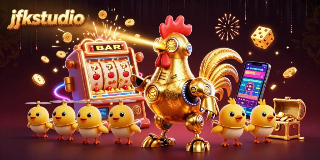 jfkstudio showcases a dynamic scene with a golden rooster robot engaging in exciting casino games