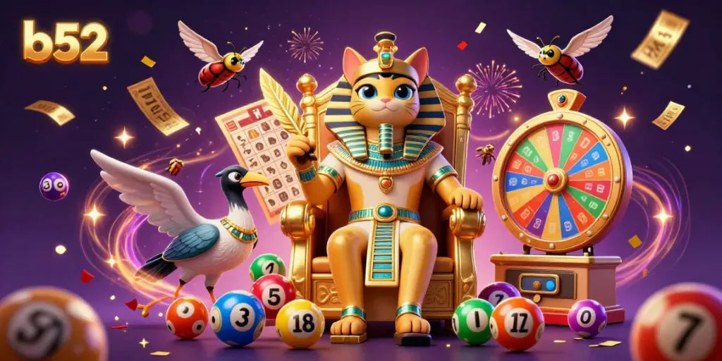Engage with b52-themed lottery gameplay featuring an Egyptian cat and vibrant game elements.