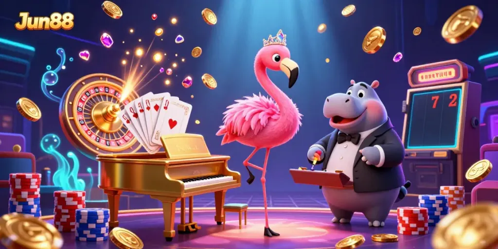 Collaborate with Jun88 for an exciting casino experience with flamingo singers and hippo musicians in a vibrant setting.