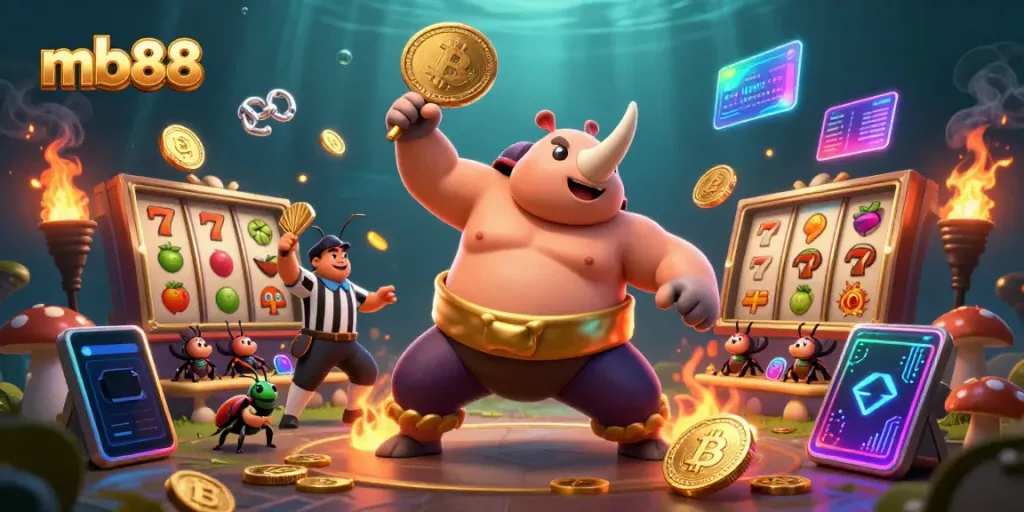 Experience thrilling gameplay at mb88 with a dynamic 3D illustration showcasing a beetle champion in a vibrant casino scene.
