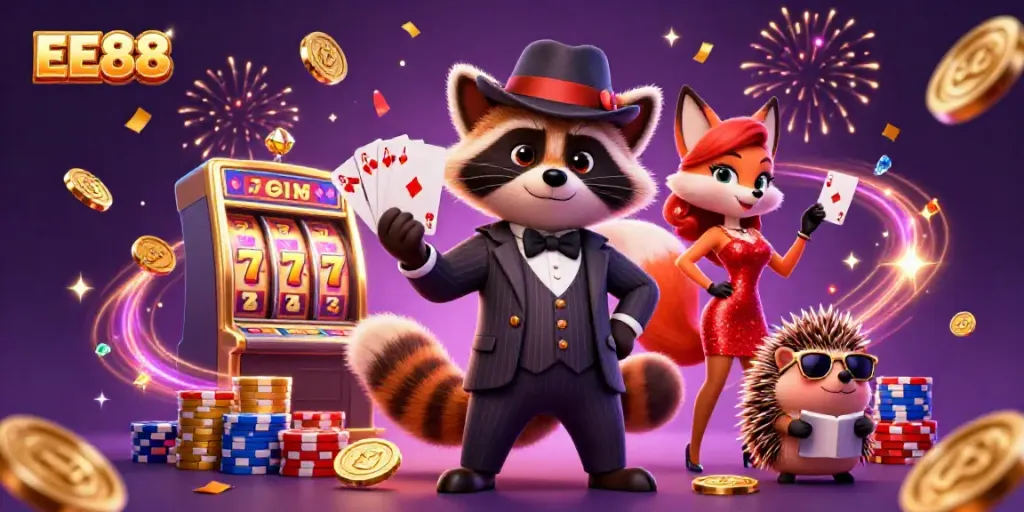 Experience winning big with EE88 at an exciting casino scene filled with vibrant characters and energy.