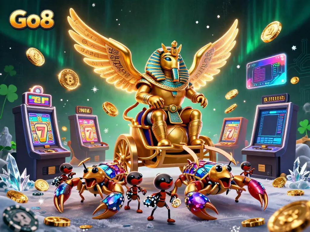 Experience excitement at Go8 with a colossal golden scarab and scorpion chariot surrounded by casino games.