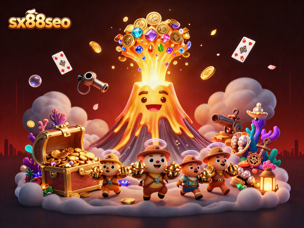 Sx88seo showcases an enchanting casino world, where a vibrant golden volcano spills treasures amidst fleeing animals.