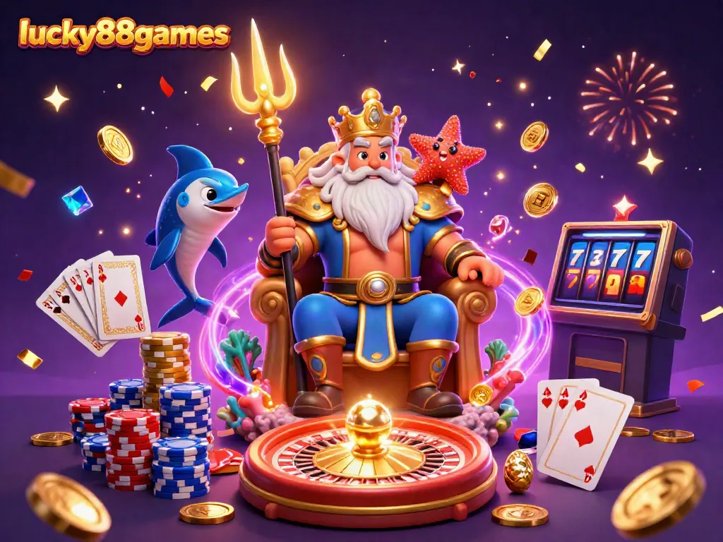 Join Neptune and his samurai guard in a vibrant lucky88games casino scene filled with gold coins and sparkling gems.