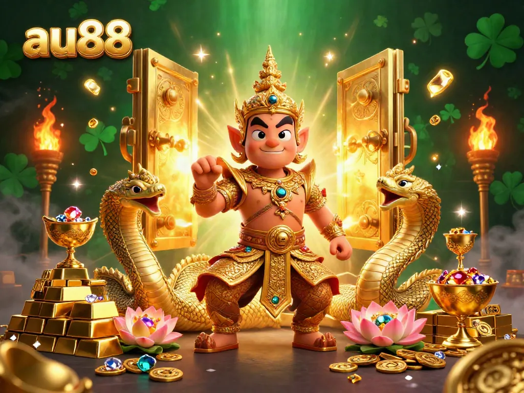 Win big with au88's vibrant casino treasure scene featuring mythical guardians and golden gems.