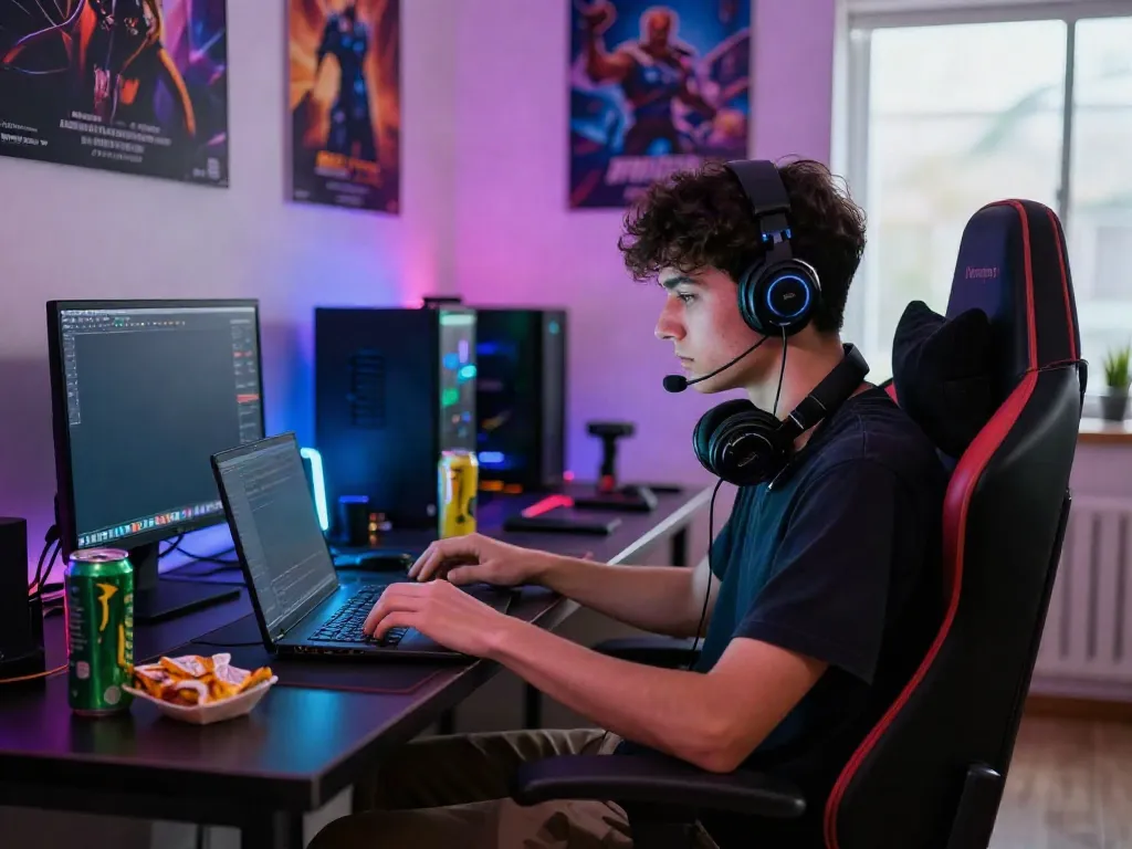 Youth immersed in slot777 gaming experience with vibrant LED setup and modern gaming gear.