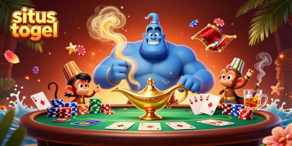Permainan situs togel yang menarik, dengan karakter kartun genie dan banyak poker chip menyerbu ruangan