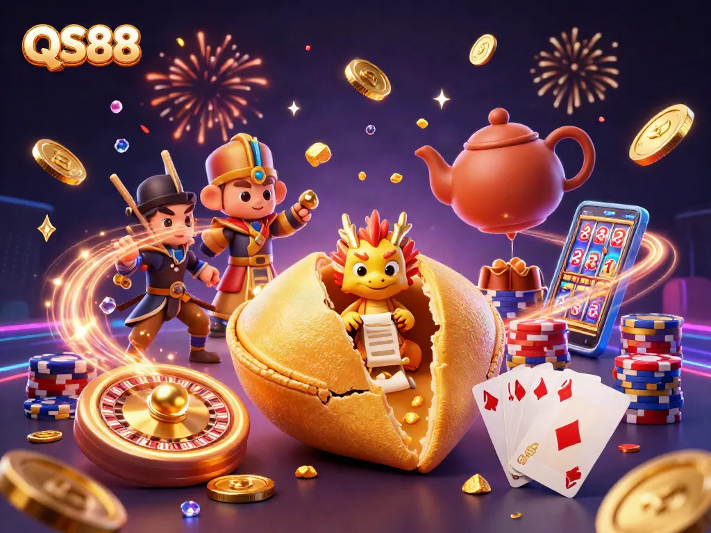 Play exciting games at QS88, featuring vibrant elements like fortune cookies and golden treasures.