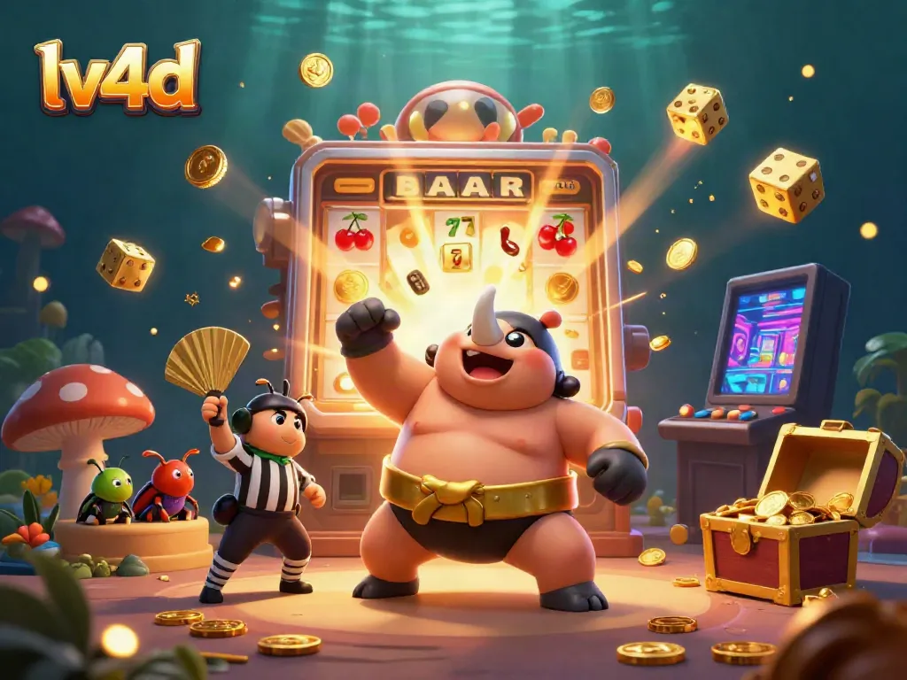 Experience the vibrant action at lv4d with a summoning beetle stomping gold coins in a lively casino setting.