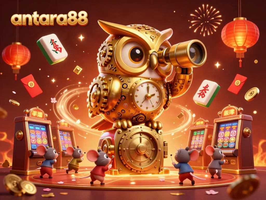 Experience the thrill of gaming at antara88 with a vibrant and magical casino scene featuring an owl and mice players.