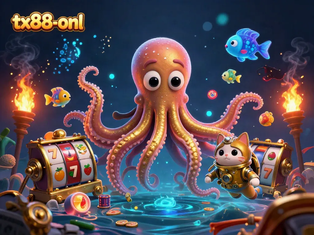 Engage in thrilling gaming action with tx88-onl depicting a kraken, diving cat, and fruity slot elements.