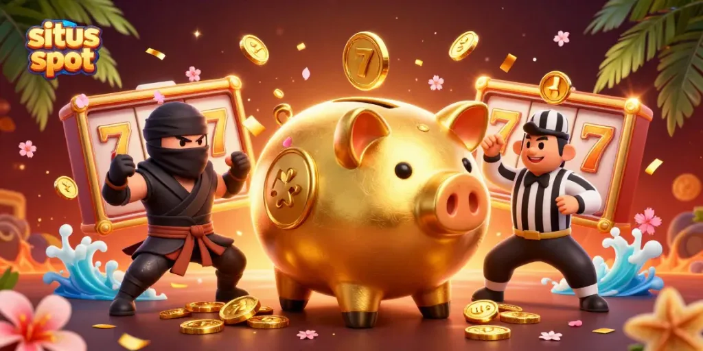 Experience exciting situs slot action with vibrant casino characters and gold coins flying everywhere!