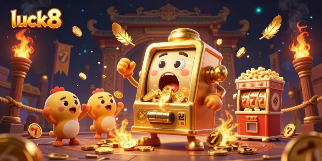 Luck8 slot machine celebrates a jackpot with cheering mini machines and golden coins overflowing.