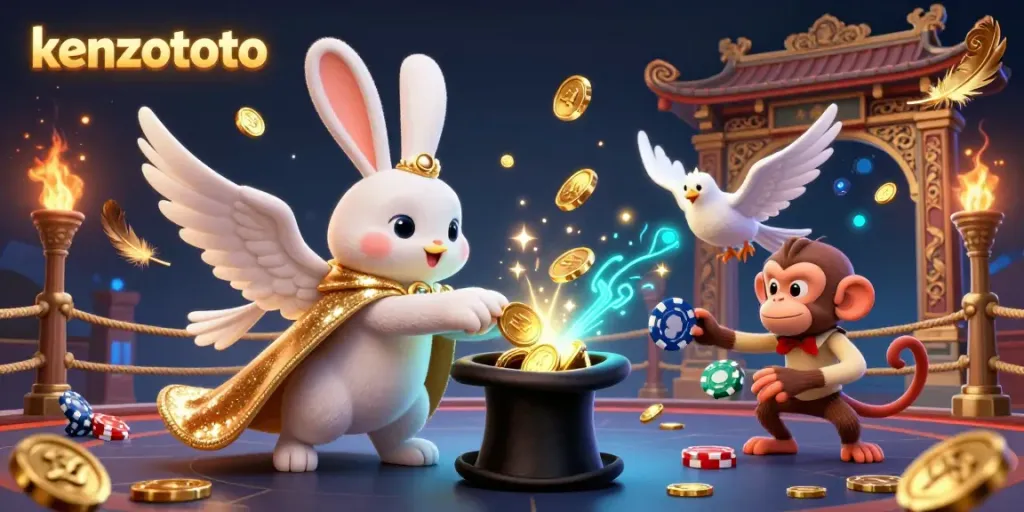 Kenzototo's vibrant 3D illustration depicts a magician rabbit and friends engrossed in a thrilling casino scene.
