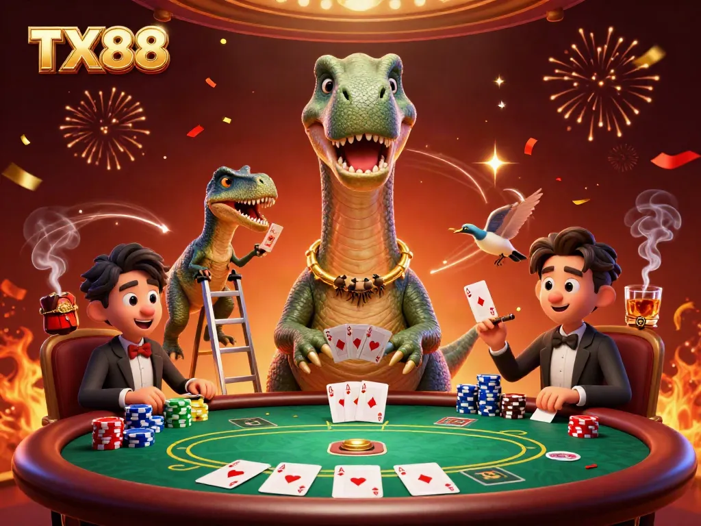 Experience thrilling gameplay at TX88 with a whimsical scene of a brontosaurus and a clever raptor playing poker.