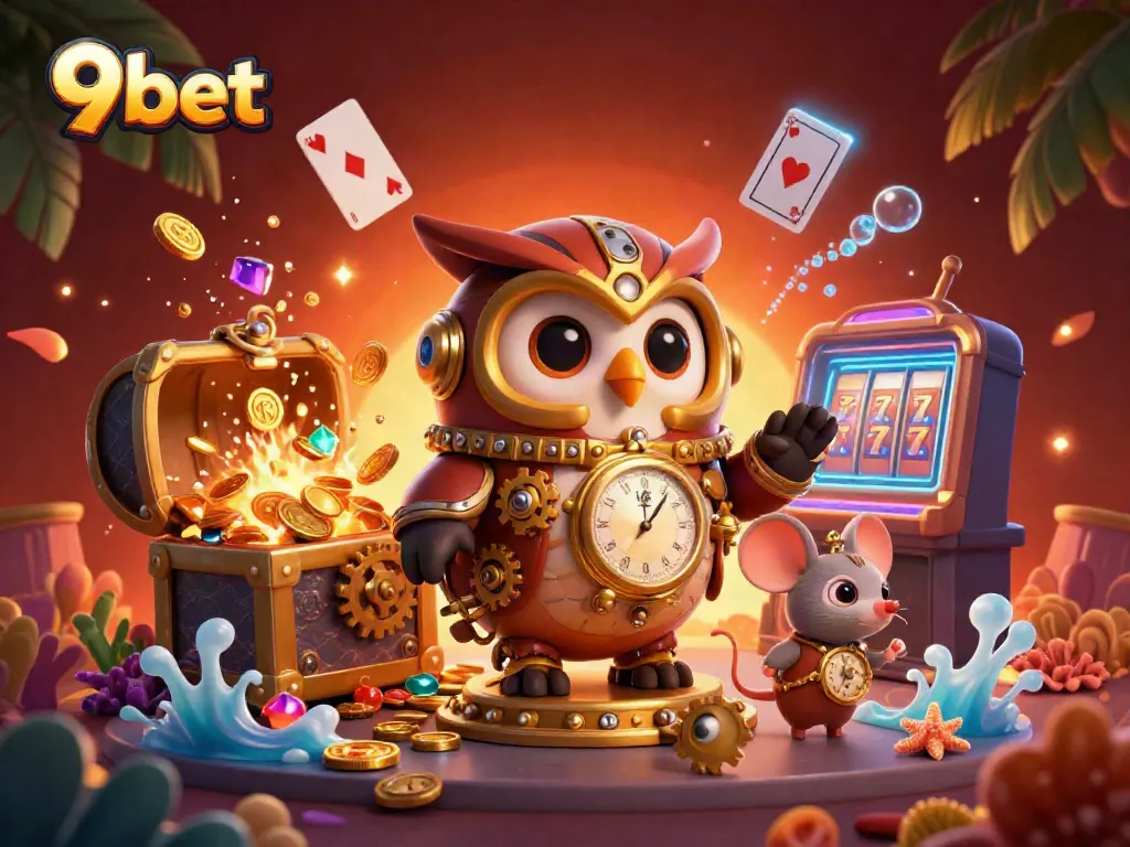 Engage with thrilling gaming at 9bet with this imaginative casino scene, showcasing vibrant characters and elements.