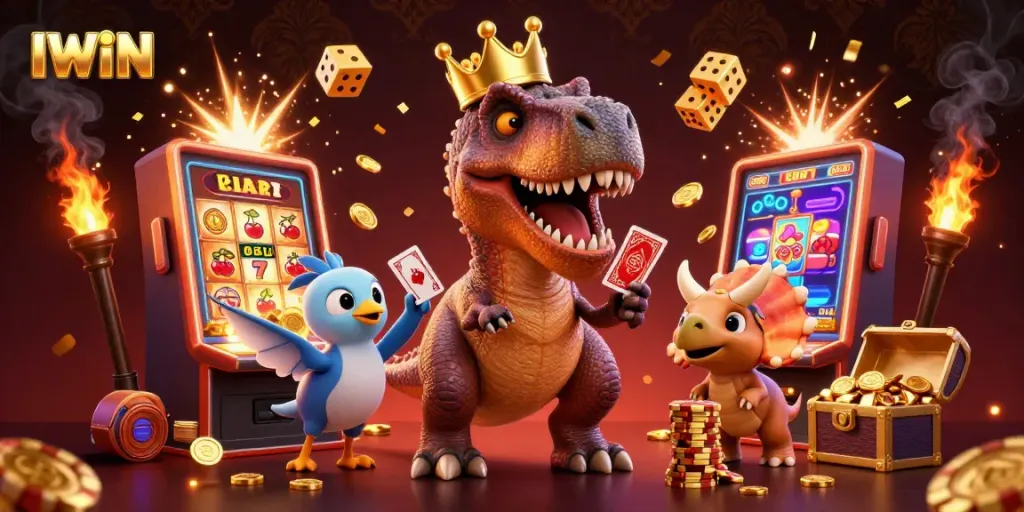 IWIN engages players with dynamic gameplay featuring a T-Rex shuffling cards in a vibrant casino scene.