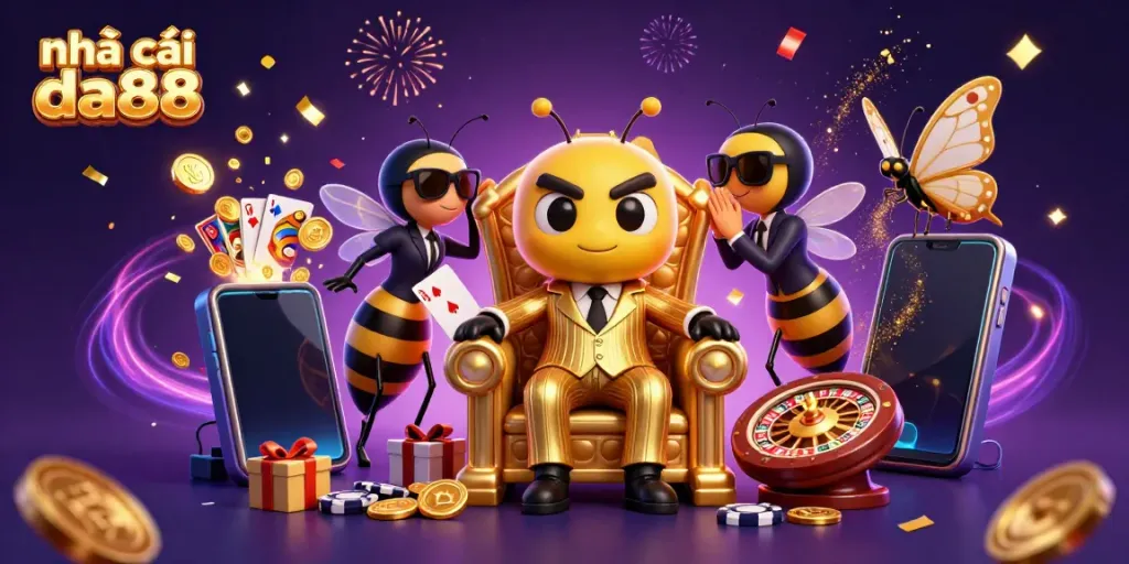 Experience the excitement of nhà cái da88 with vibrant 3D characters around thrilling casino elements.