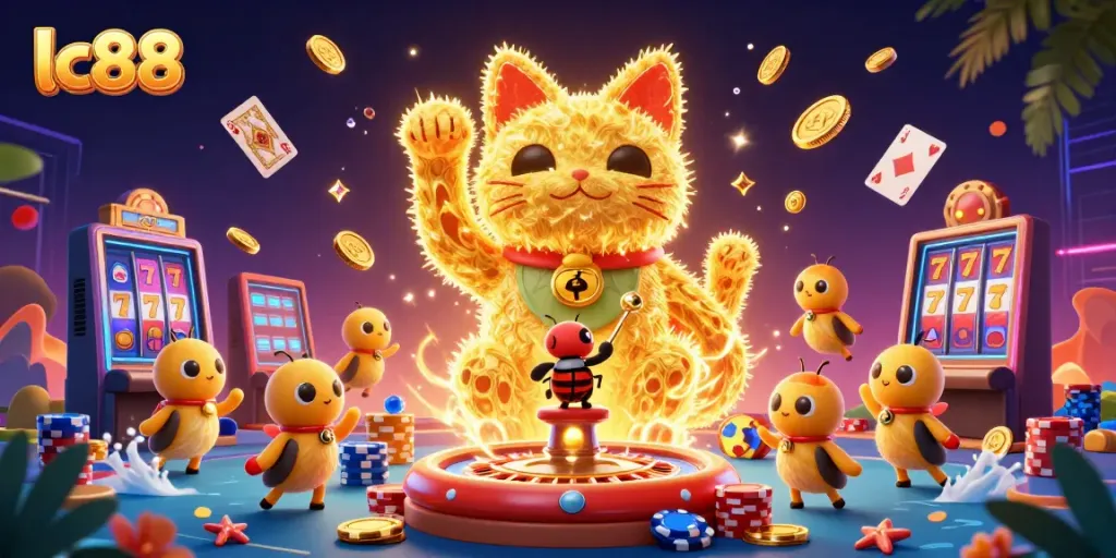 Experience the excitement of casino play with lc88's vibrant lucky cat illustration full of symbols and treasures.