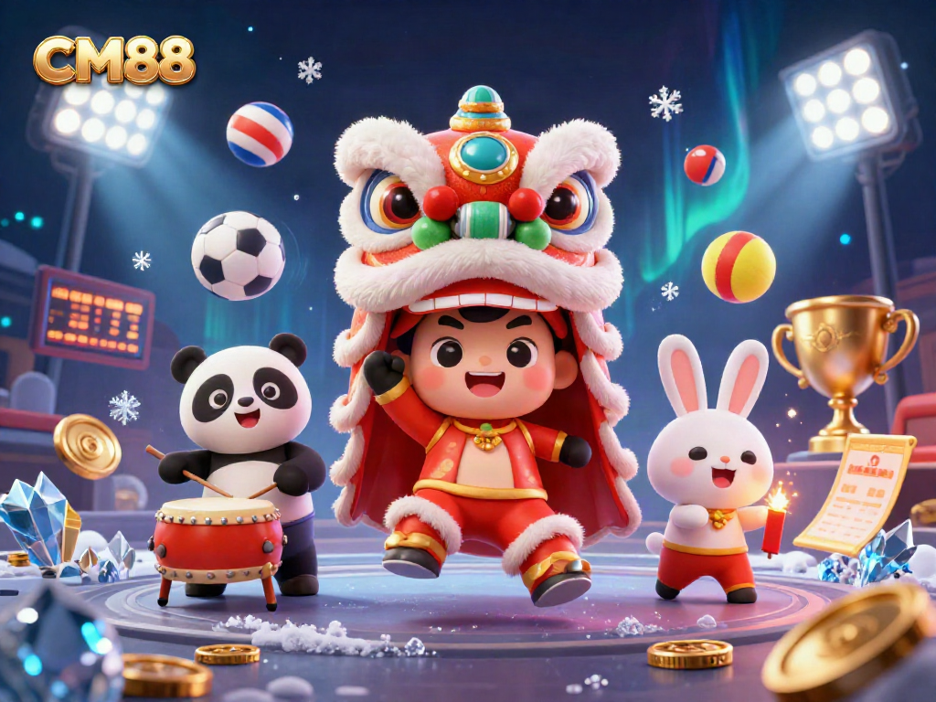 CM88 celebrates with gamified action as vibrant characters dance among sports elements and trophies.