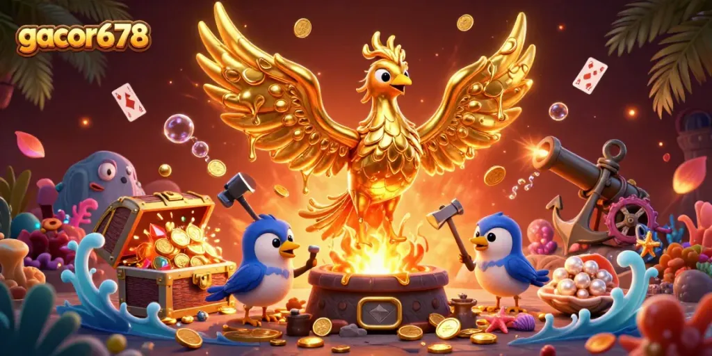 Engage with gacor678's thrilling golden phoenix as it transforms into coins amidst vibrant casino elements.