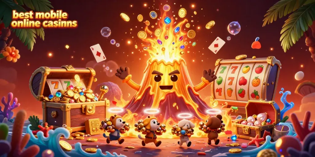 Experience the excitement of the best mobile online casinos with animated elements of treasure and gold.