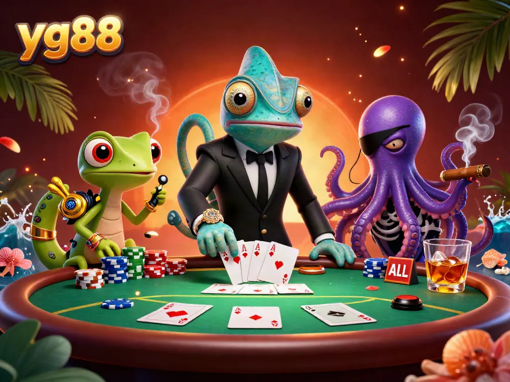 Experience thrilling poker at yg88 with vibrant chameleon character and colorful chips in action.