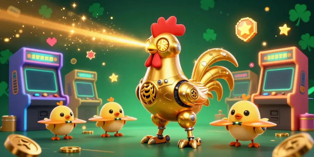Experience thrilling gameplay with bet88's vibrant 3D golden rooster robot and baby chick drones in a dynamic casino scene.