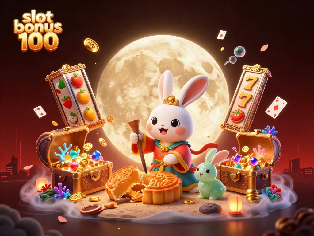 Experience slot bonus 100 with a vibrant 3D illustration of moon rabbits and casino elements.