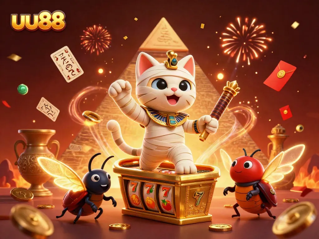 Experience thrilling action at uu88 with an Egyptian mummy cat character amidst vibrant slots and festive elements.