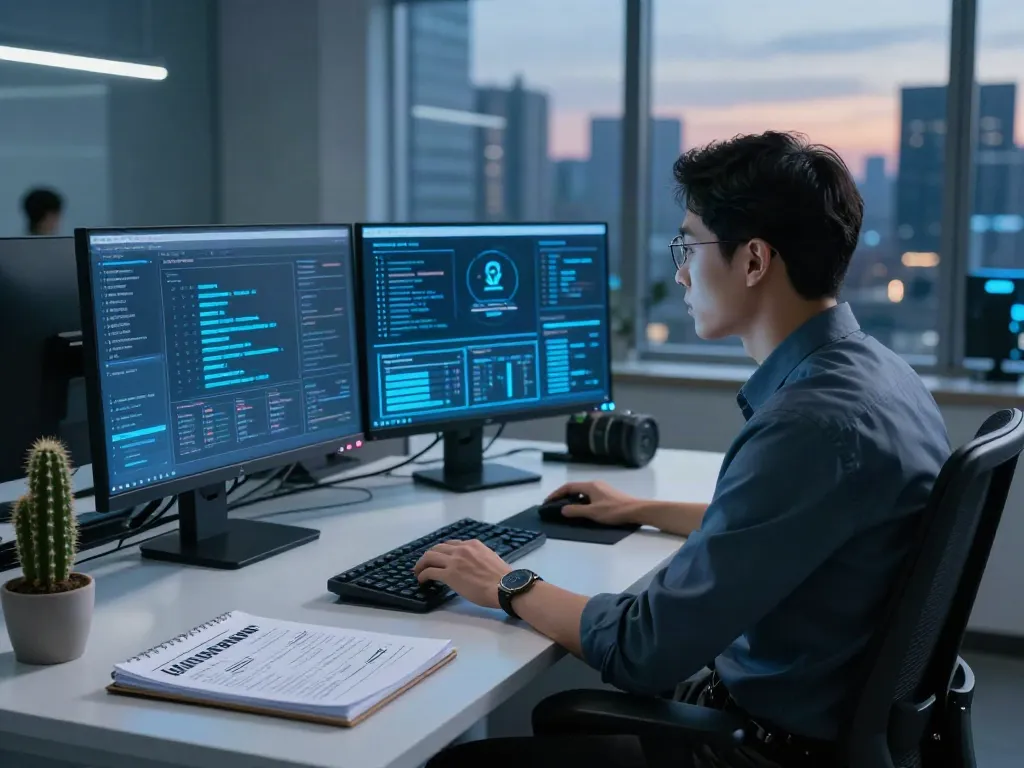 Cybersecurity workspace with analyst monitoring pecah404 data flows on multiple screens in a modern office.