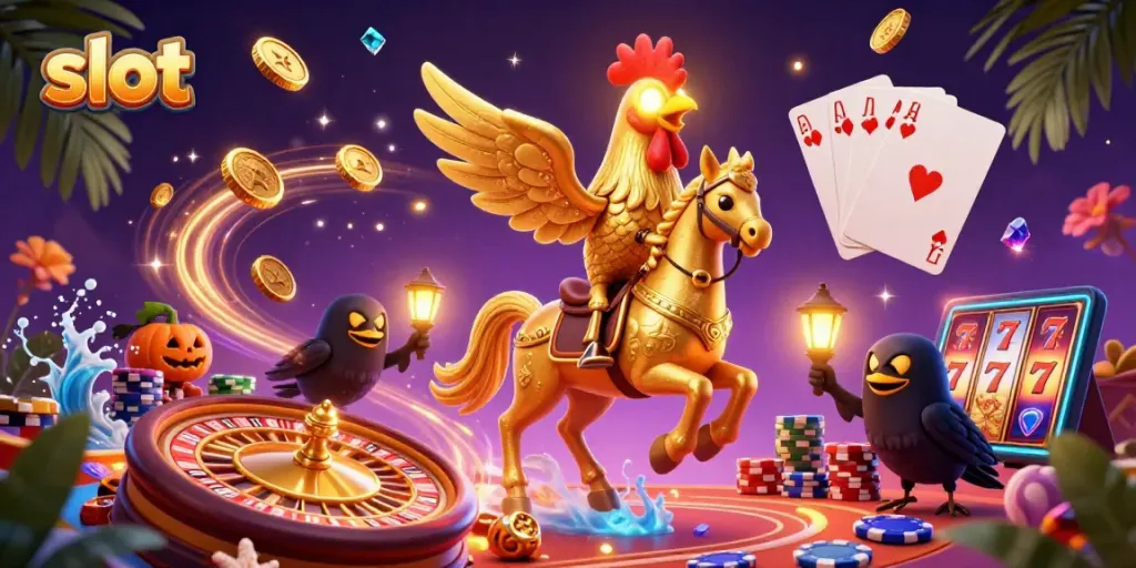 Spin the reels for jackpot wins in this animated slot machine casino scene with golden accents.