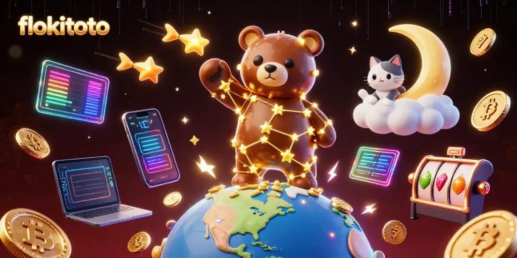 Win big with flokitoto: a golden constellation bear and cosmic elements in an interactive gaming paradise.