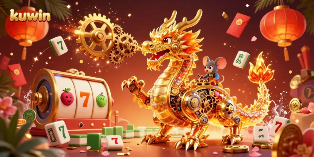 Experience exhilarating gameplay at kuwin with a vibrant scene featuring a golden dragon, floating slot reels, and rich casino elements.
