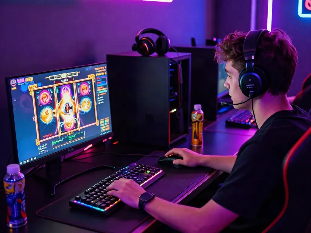 Engaging online slot gaming scene with a player immersed in vibrant slot game visuals and glowing gaming accessories.