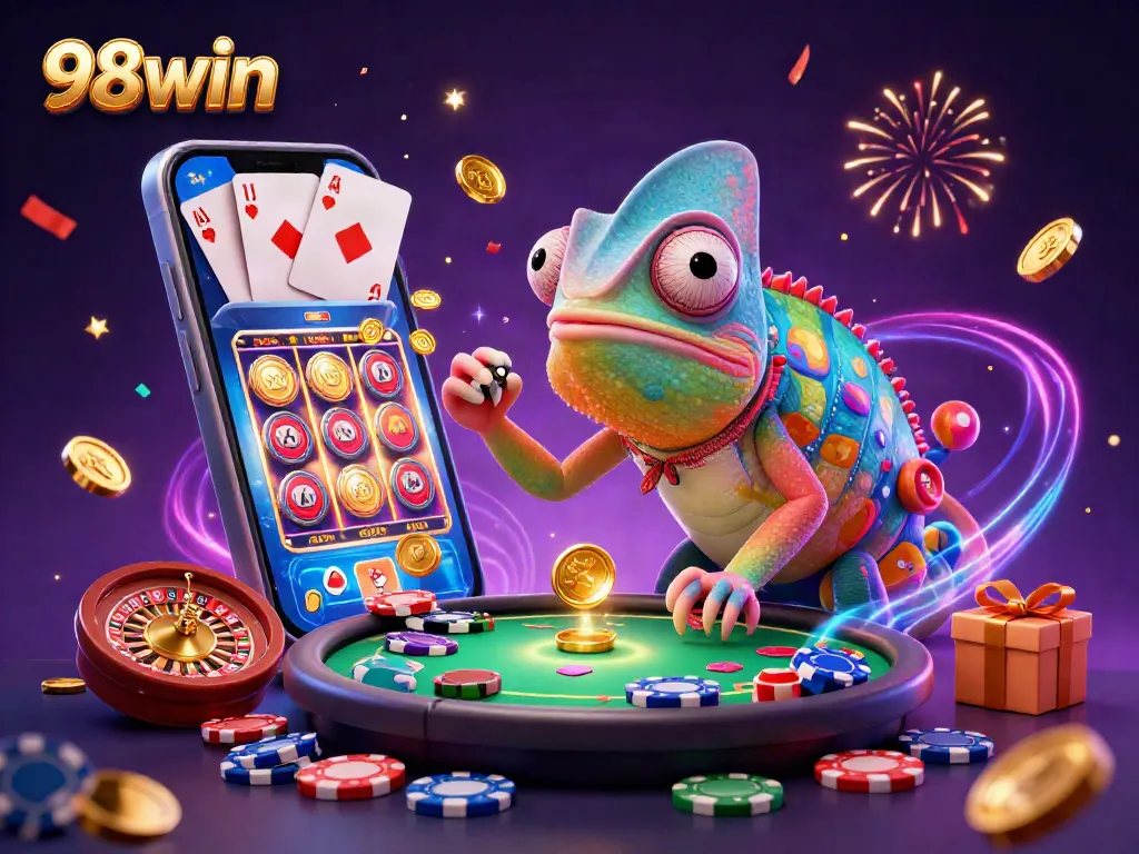 Engage with 98win's vibrant casino scene featuring a chameleon character and exciting game elements.