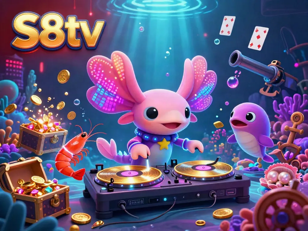 Experience the thrill of S8tv with a vibrant underwater casino scene featuring an axolotl DJ spinning records.