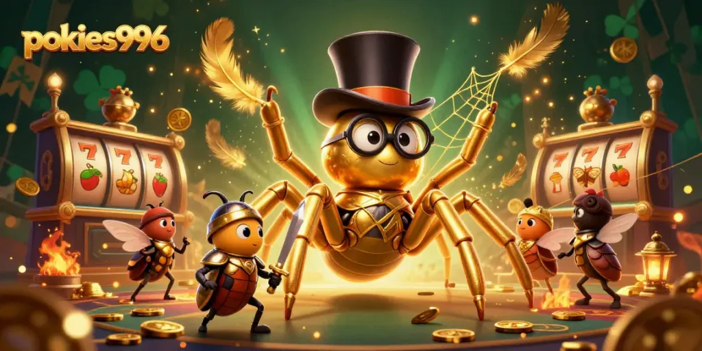 Experience pokies996 with a giant golden tarantula and brave knight in a vibrant casino scene.