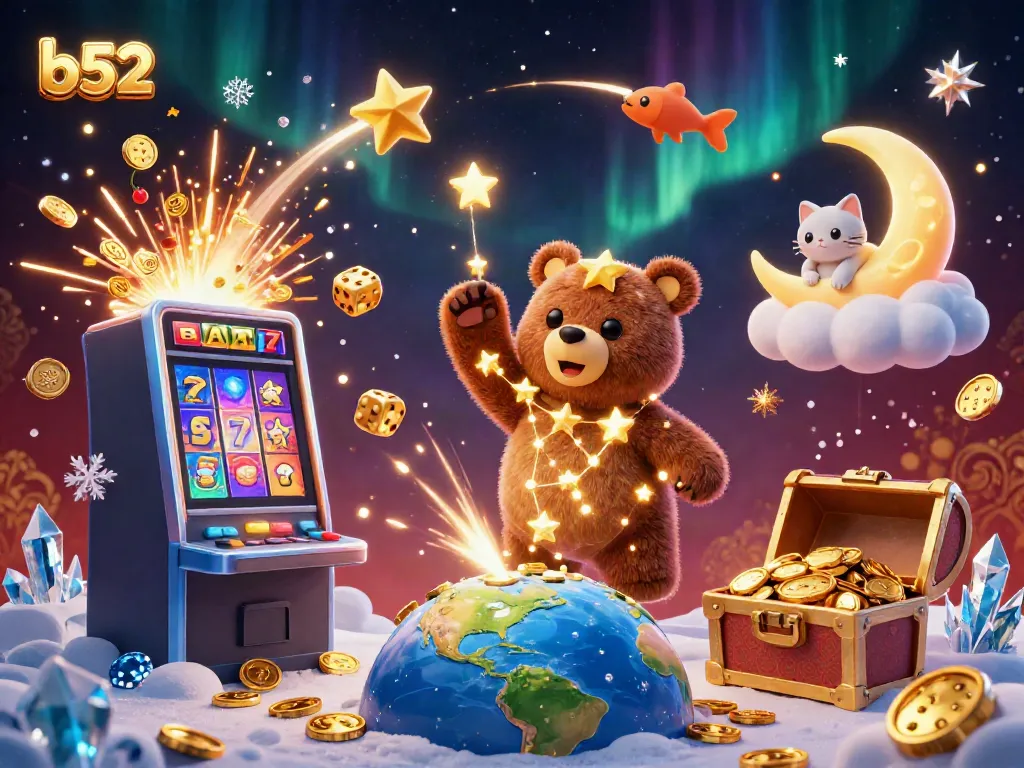Experience thrilling wins with b52, featuring a lively 3D casino scene filled with vibrant game elements.