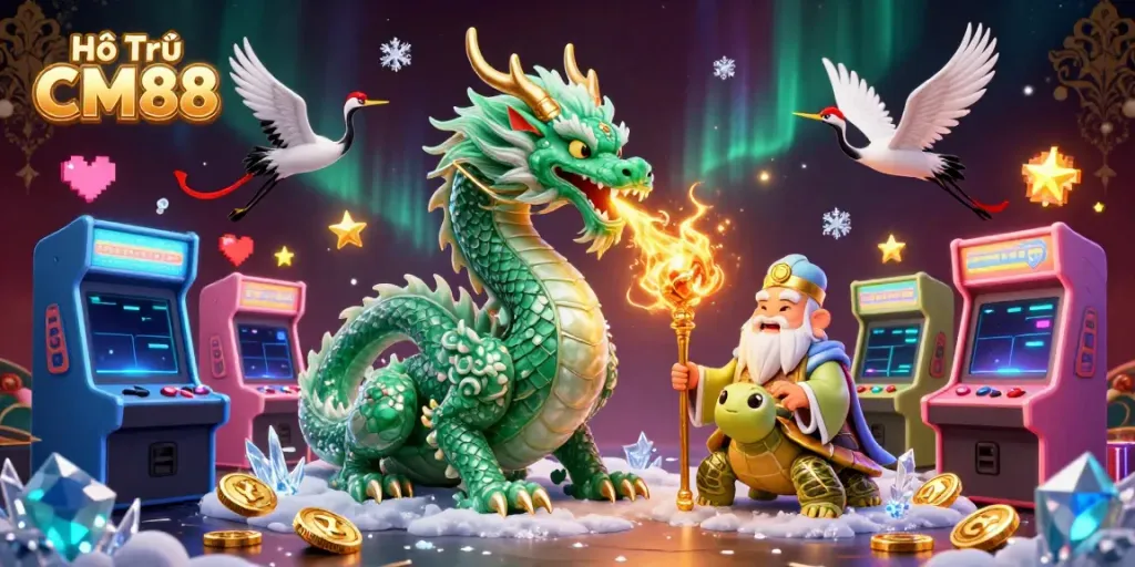 Experience exhilarating gaming with Hỗ Trợ CM88, illustrated by a majestic jade dragon and engaging casino elements.