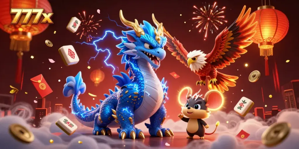 Engage in thrilling 777x casino gameplay amidst vibrant lightning and festive elements.