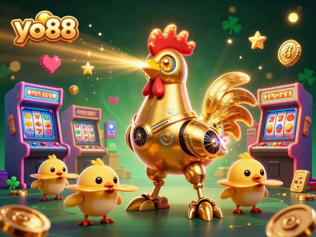 Engage in thrilling experiences with yo88's vibrant 3D illustration showcasing arcade and casino fun.