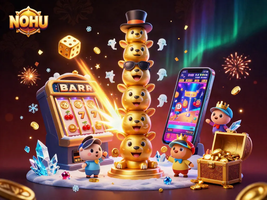 Experience the excitement of NOHU with vibrant casino elements and dynamic characters celebrating slots.