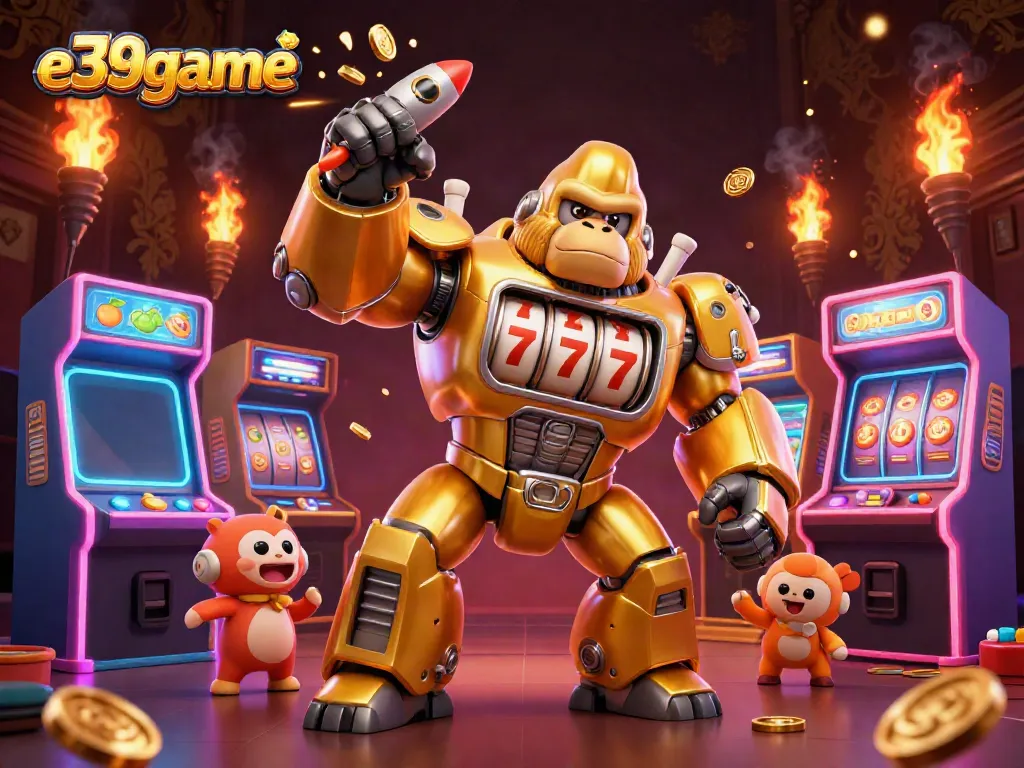 Experience the thrilling e39game casino with a transformer-style golden gorilla mech and colorful game elements.