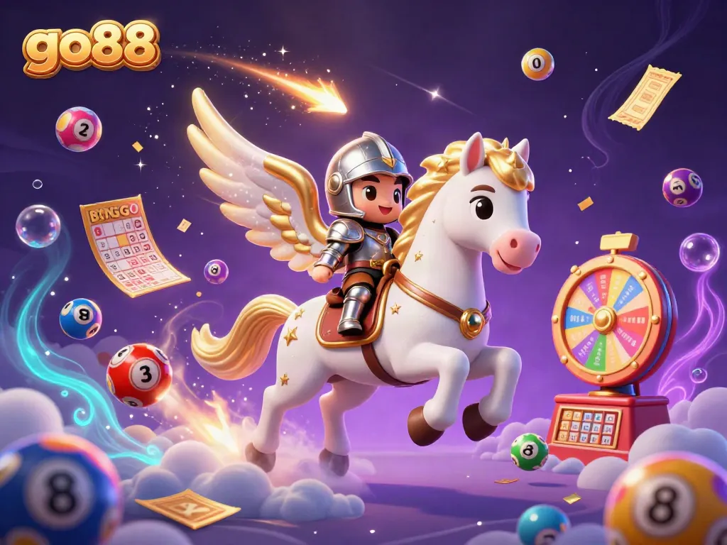 Experience go88’s dynamic gaming with a celestial horse and vibrant lottery elements.