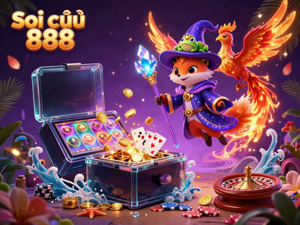 Soi cầu 888 features a mystical wizard fox and a phoenix amidst colorful slot game elements.