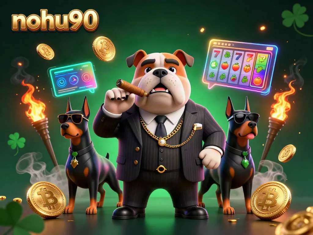 Experience the thrill of nohu90 with a mafia bulldog, digital coins, and lively slot machine reels.